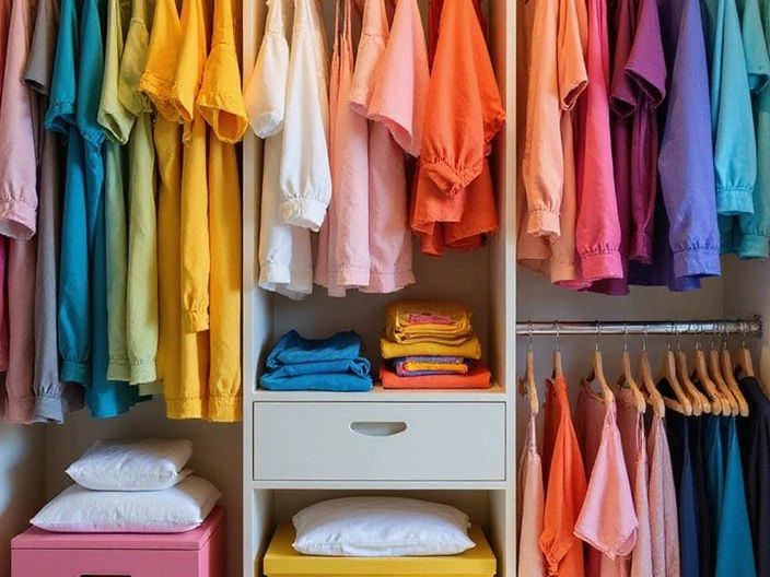 Dressing rangé, vêtements suspendus sur un portant
